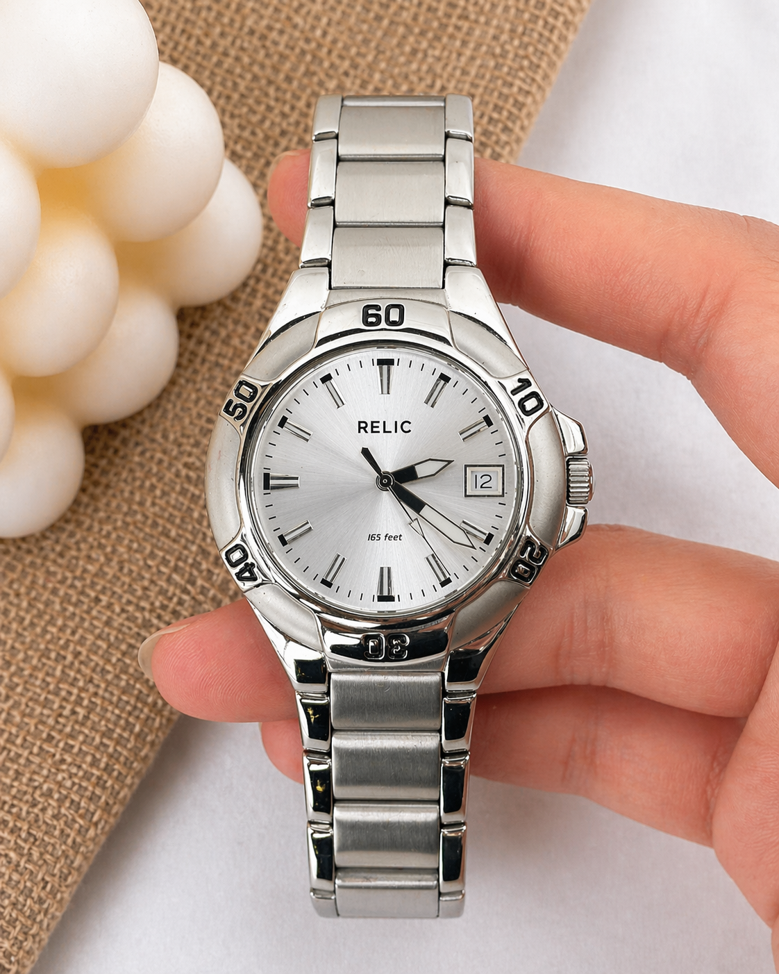 Relic Stainless Steel Date Watch – Silver Sunburst Dial – 165 ft Water Resistant