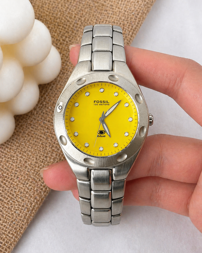 Fossil Blue 100M Stainless Steel Watch – Yellow Dial – Diver Style – New Battery