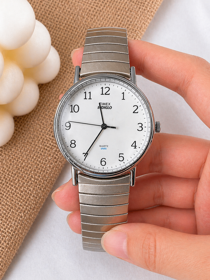 Timex Indiglo Silver-Tone Watch – White Dial – Stretch Band – Quartz – New Battery
