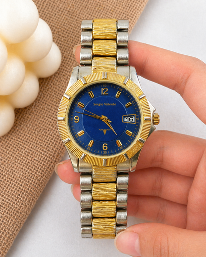 Sergio Valente Two-Tone Watch – Blue Dial – Date – Gold Bezel – New Battery