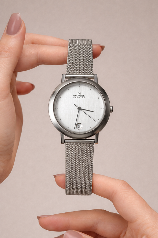 Skagen Denmark Ladies Watch – Stainless Steel Mesh – Date Display – Minimalist Design