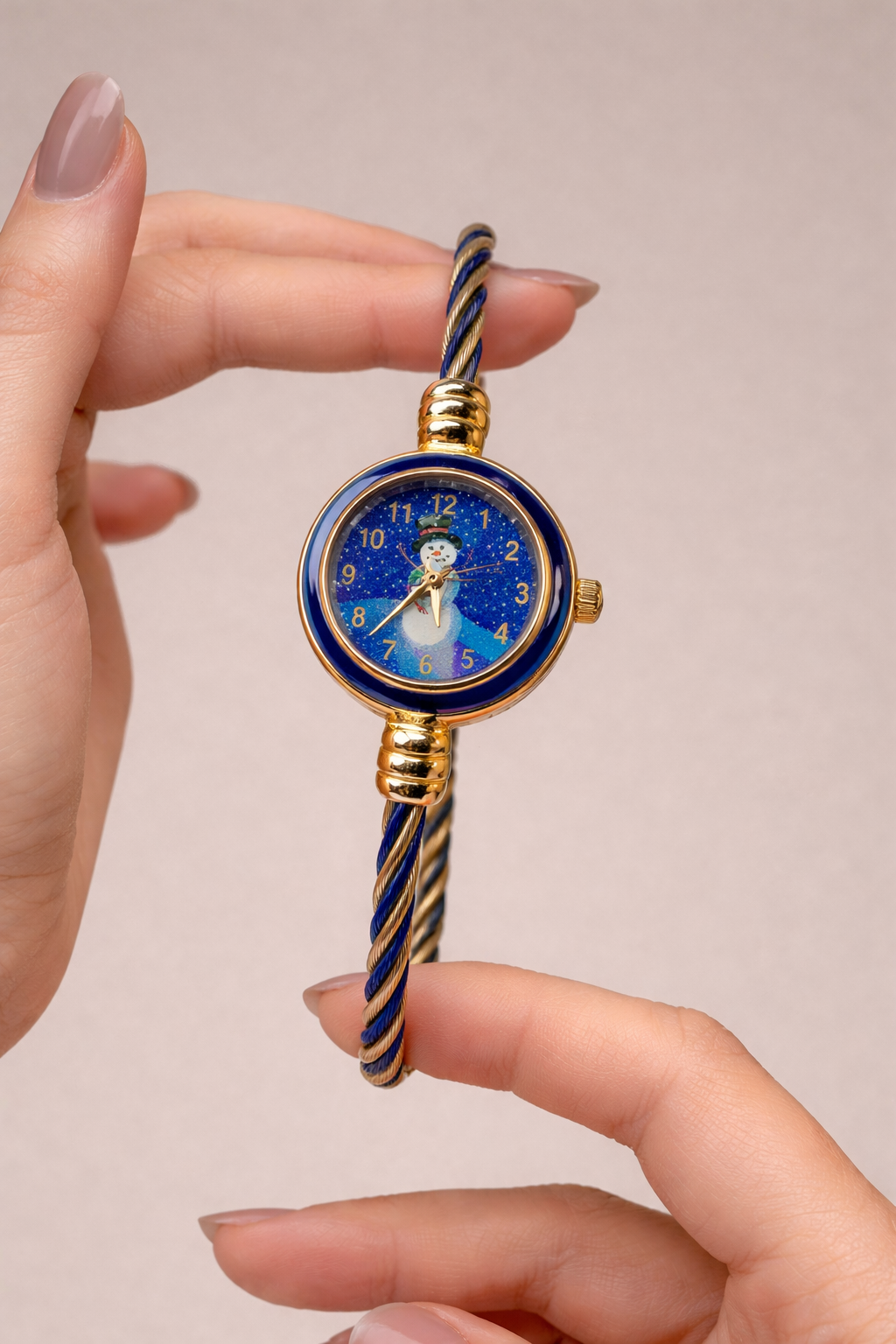 Vintage Women’s Novelty Watch – Snowman Dial – Blue & Gold Tone – Quartz