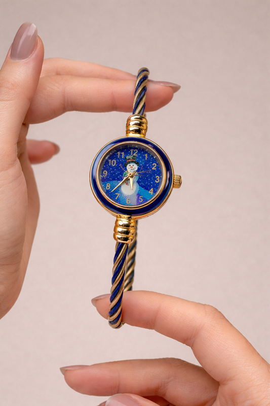 Vintage Women’s Novelty Watch – Snowman Dial – Blue & Gold Tone – Quartz