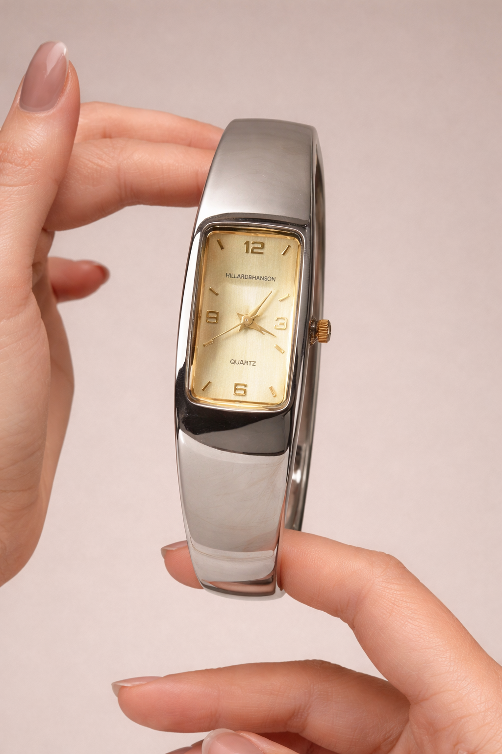 Hillard & Hanson Women’s Bangle Watch – Quartz – Gold Dial – Modern Silver Tone Design