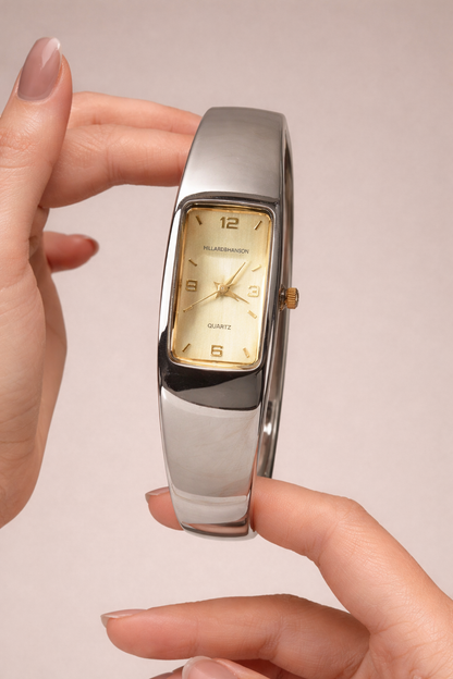 Hillard & Hanson Women’s Bangle Watch – Quartz – Gold Dial – Modern Silver Tone Design