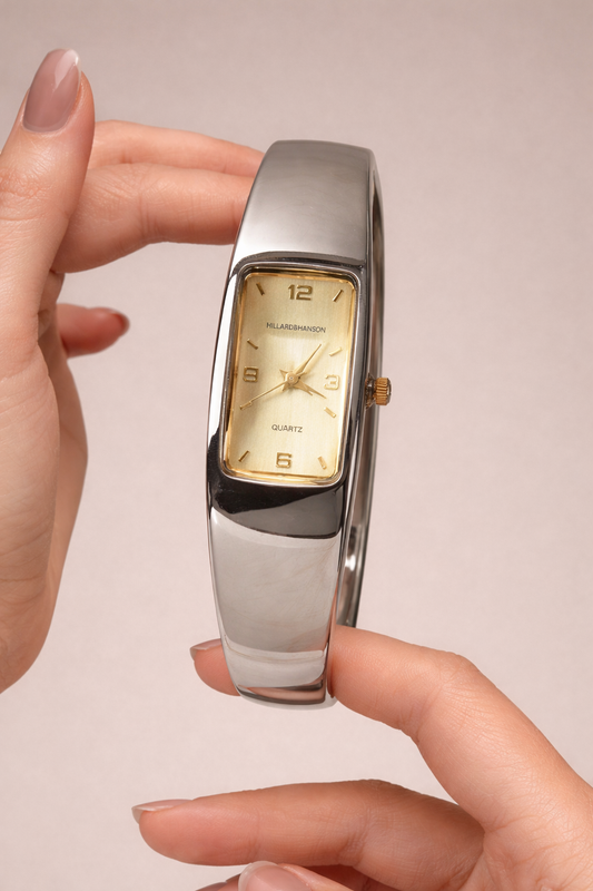 Hillard & Hanson Women’s Bangle Watch – Quartz – Gold Dial – Modern Silver Tone Design