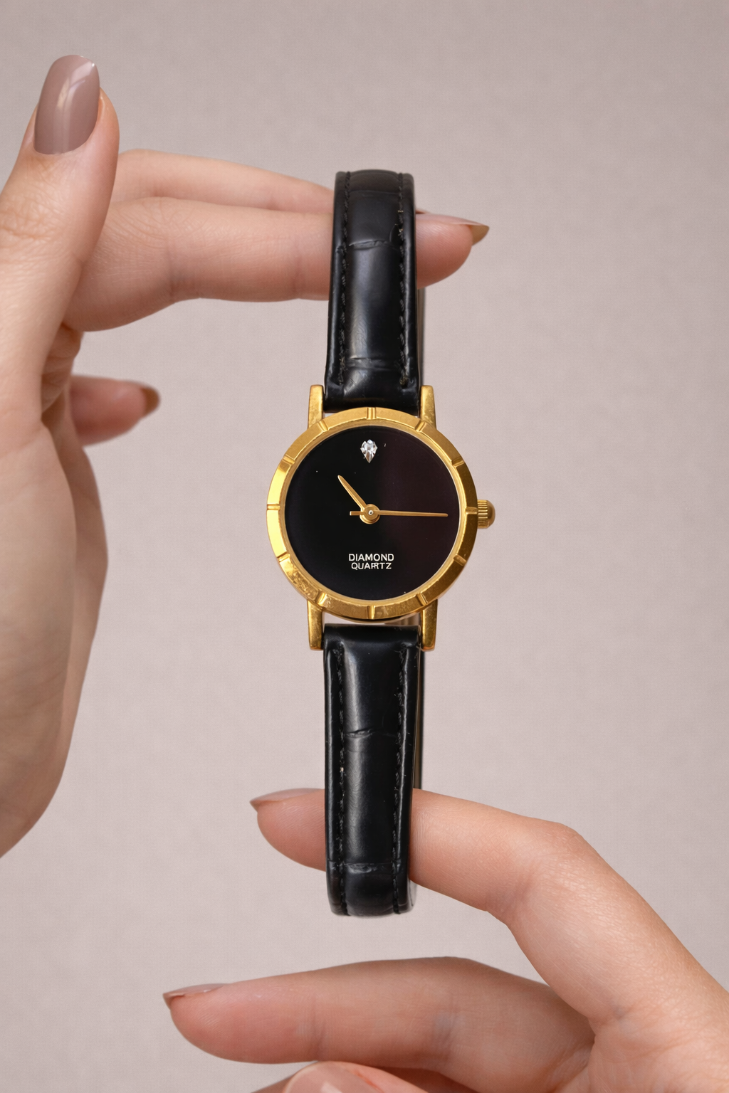 Diamond Quartz Women’s Watch – Gold Tone – Black Dial - Leather Black Strap