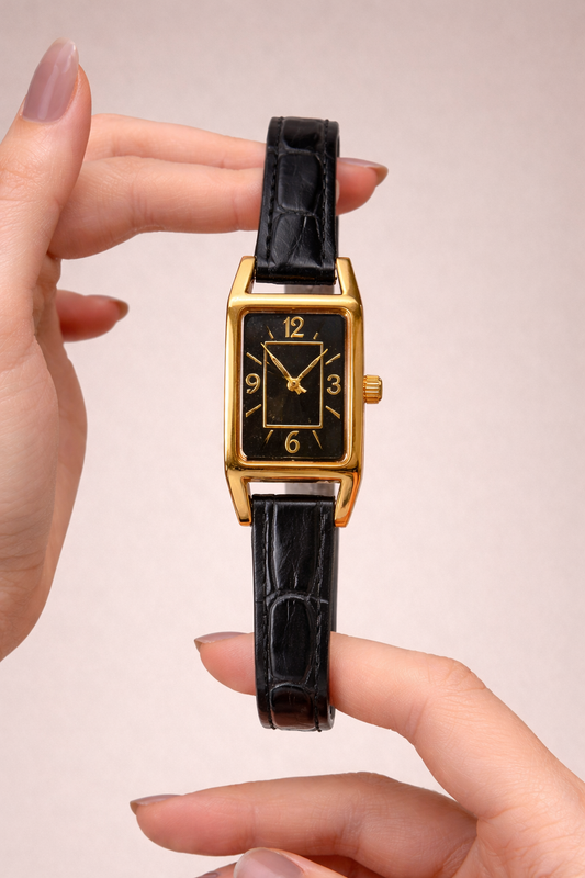 Vintage Women’s Rectangular Watch – Quartz – Gold Tone Case – Black Dial – Leather Strap