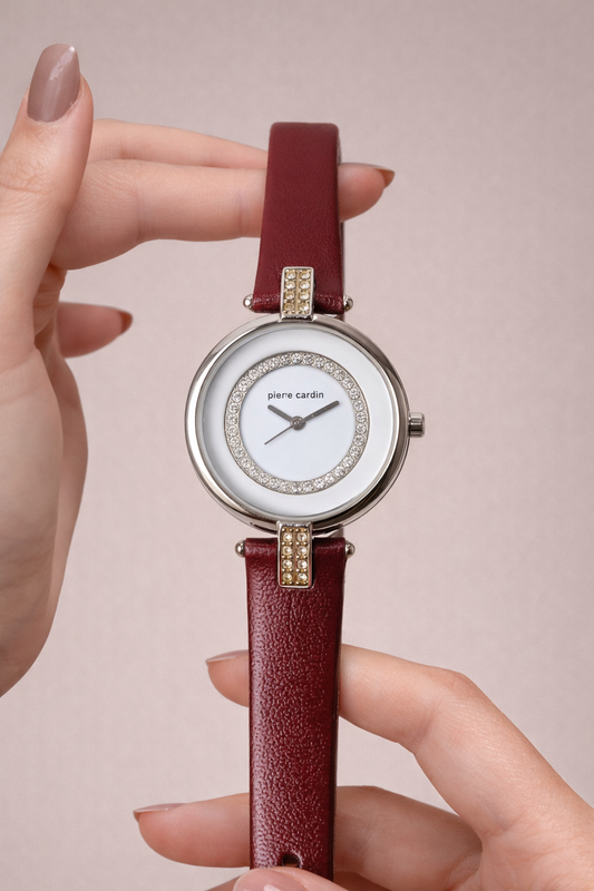 Pierre Cardin Women’s Crystal Bezel Watch – White Dial – Red Leather Strap – Quartz Dress Watch