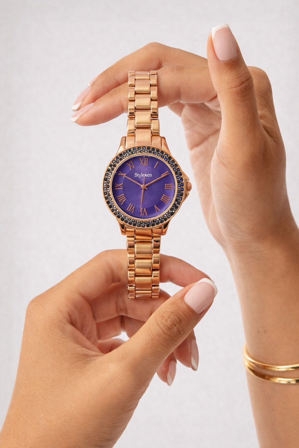 Style & Co Women’s Watch – Purple Dial – Crystal Bezel – Rose Gold Tone Bracelet