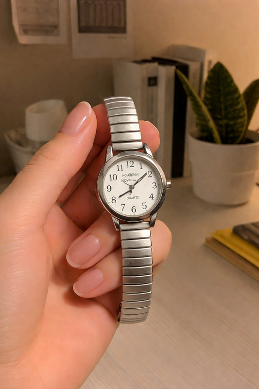 Nouvelle Ladies Watch – Silver Tone – White Dial – Stretch Bracelet