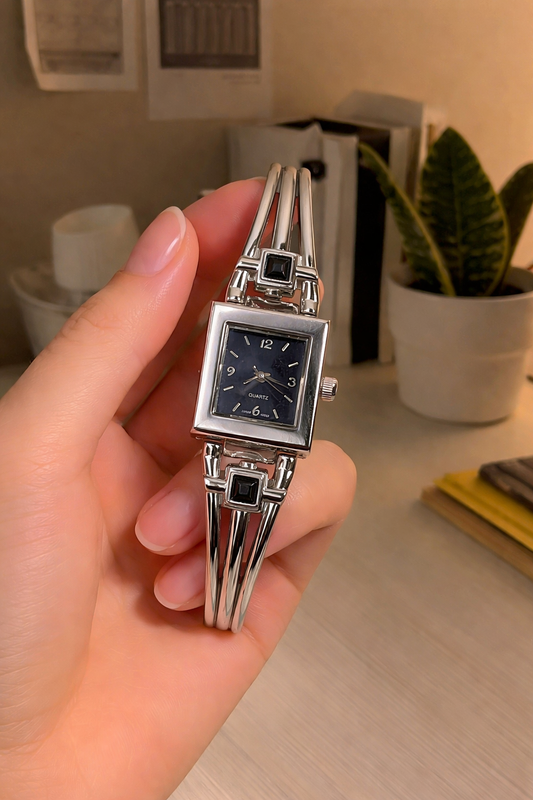 Ladies Bangle + Stretchable Watch – Silver Tone – Black Dial – Stretch Bracelet