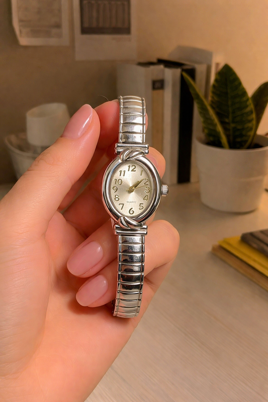 Ladies Petite Watch – Silver Tone – Oval Case – Stretch Bracelet