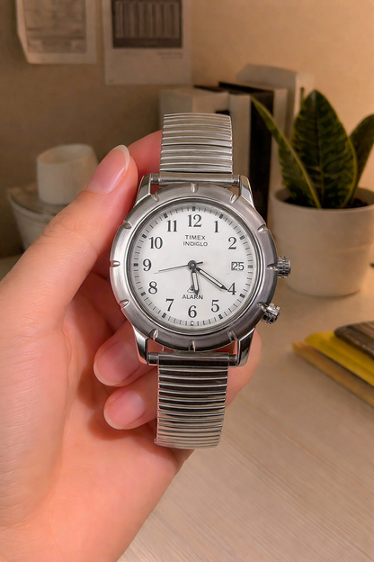 Timex Indiglo Alarm Watch – Silver Tone – Date – Stretch Bracelet