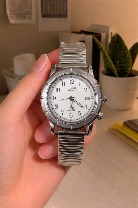 Timex Indiglo Alarm Watch – Silver Tone – Date – Stretch Bracelet