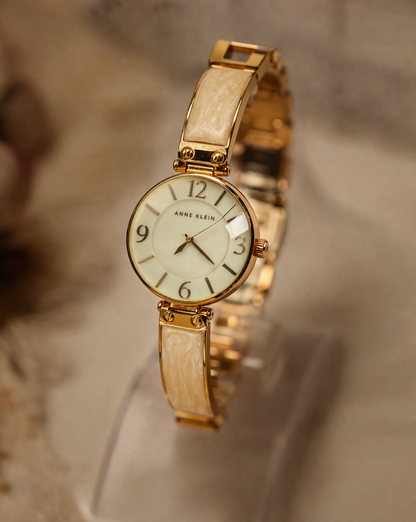 Anne Klein Gold-Tone Watch – Cream Dial – Resin Link Bracelet – Quartz Ladies