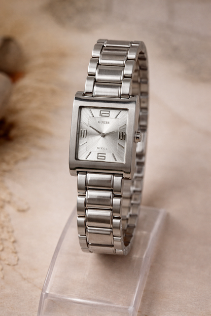Guess Rectangular Watch – Stainless Steel – Silver Dial – Quartz – New Battery