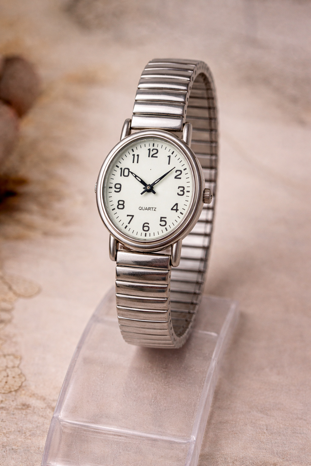 Classic Silver Tone Watch – White Dial – Arabic Numerals – Stretch Bracelet – Quartz – New Battery