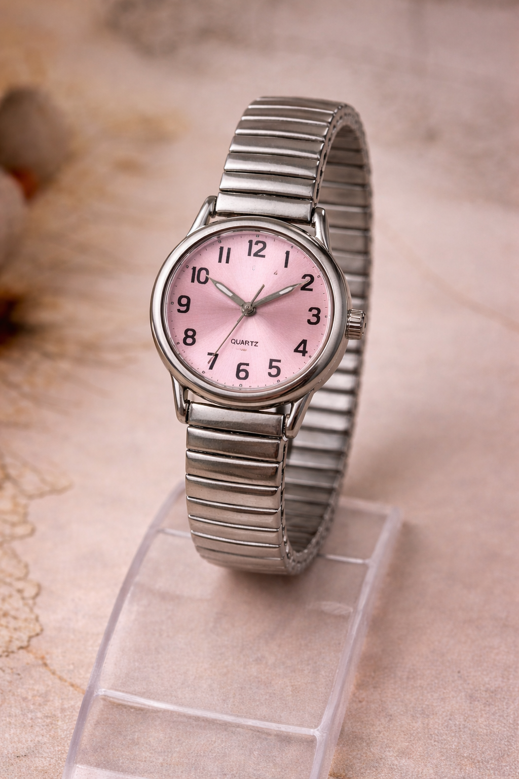 Silver Tone Watch – Pink Dial – Arabic Numerals – Stretch Bracelet – Quartz – New Battery