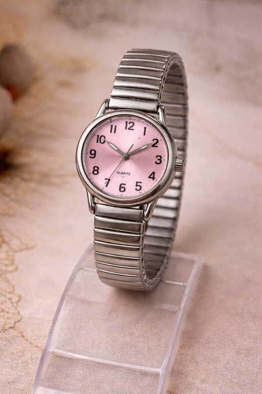 Silver Tone Watch – Pink Dial – Arabic Numerals – Stretch Bracelet – Quartz – New Battery