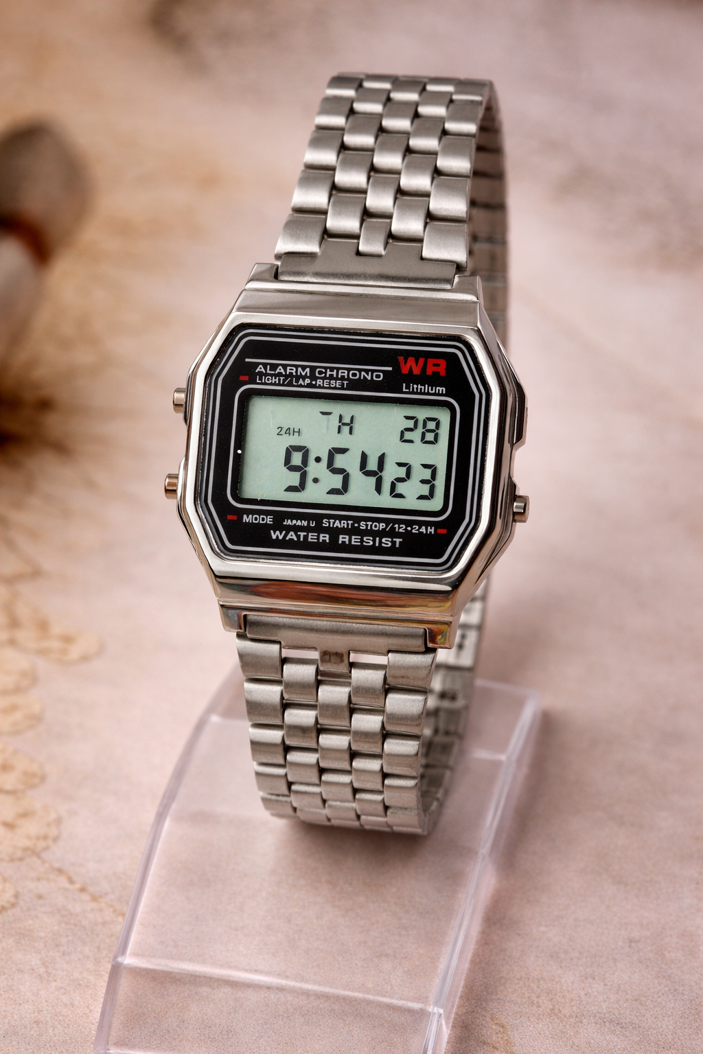 Vintage Style Digital Alarm Chronograph Watch – Stainless Steel Bracelet – WR – Quartz – New Battery