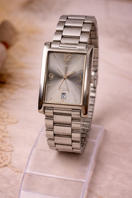 GUESS Steel Rectangular Watch – Date – Stainless Steel Bracelet – New Battery