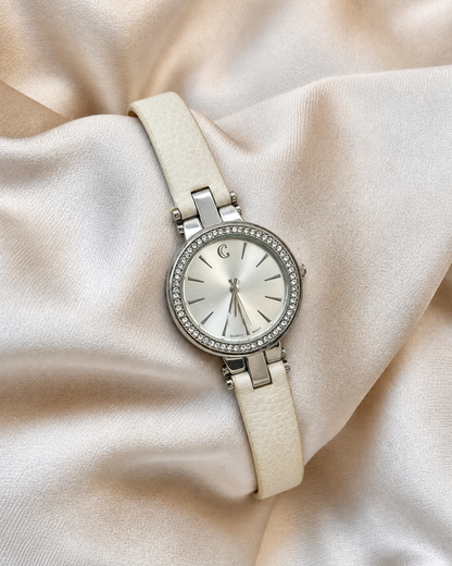 C Ladies Watch – Crystal Bezel – Silver Tone Dial – White Leather Strap