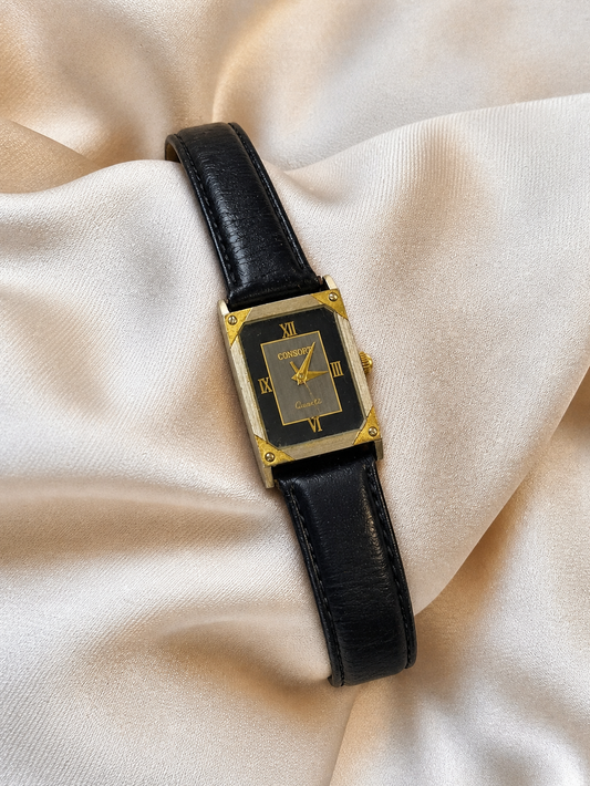 Consort Vintage Ladies Watch – Rectangular Gold Tone Case – Black Dial – Leather Strap