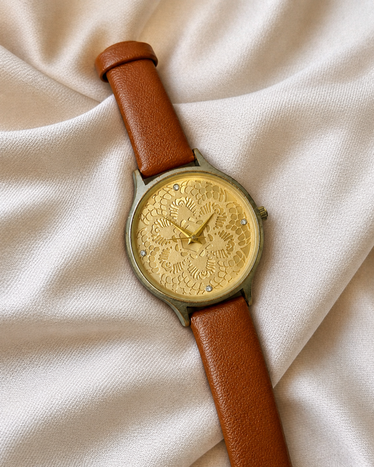 Vintage Floral Pattern Dial Watch – Gold Tone Face – Brown Leather Strap
