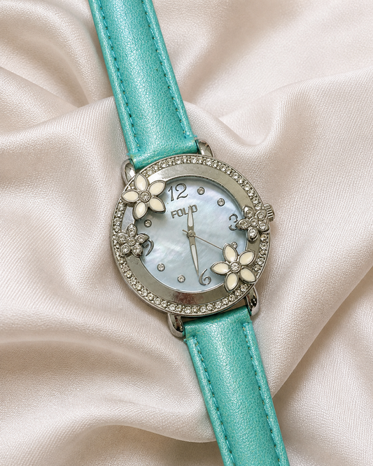 Folio Floral Crystal Ladies Watch – Mother of Pearl Dial – Turquoise Strap