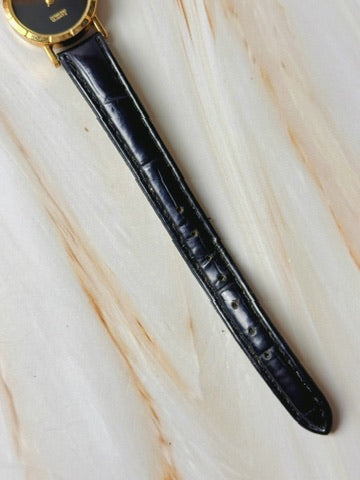 Diamond Quartz Women’s Watch – Gold Tone – Black Dial - Leather Black Strap