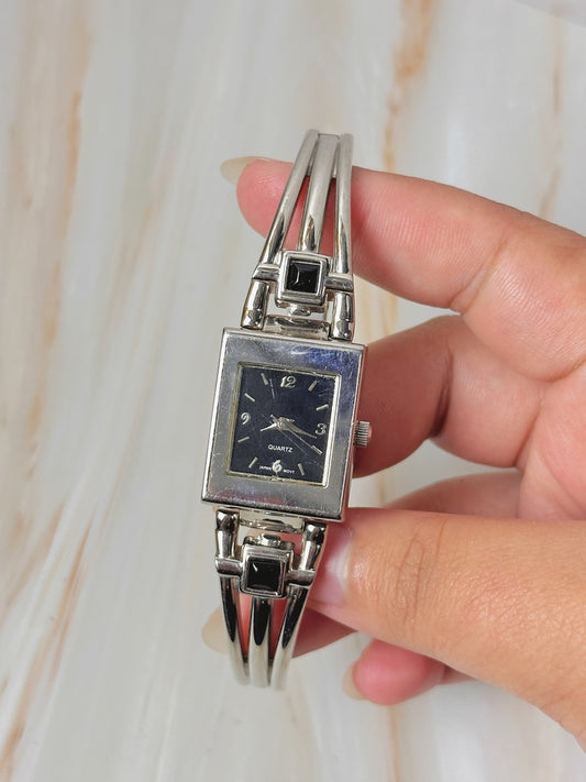 Ladies Bangle + Stretchable Watch – Silver Tone – Black Dial – Stretch Bracelet