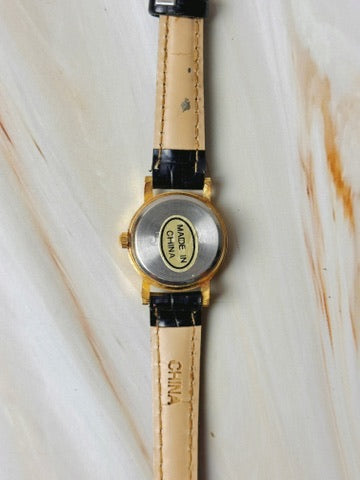 Diamond Quartz Women’s Watch – Gold Tone – Black Dial - Leather Black Strap