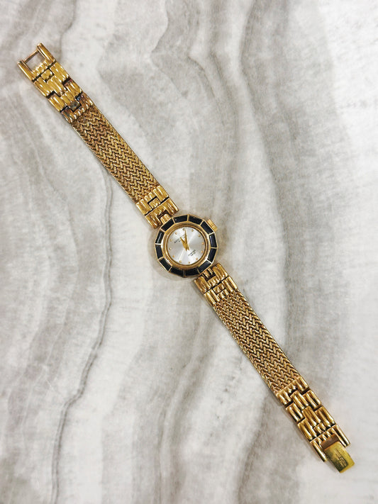 Anne Klein New York Diamond Swiss Quartz Watch – Mother of Pearl Dial with Black & Gold Bezel (WR 30M)