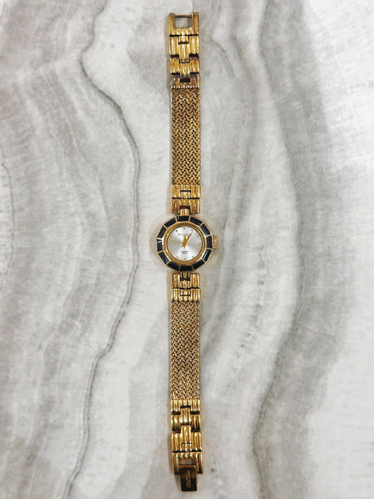 Anne Klein New York Diamond Swiss Quartz Watch – Mother of Pearl Dial with Black & Gold Bezel (WR 30M)