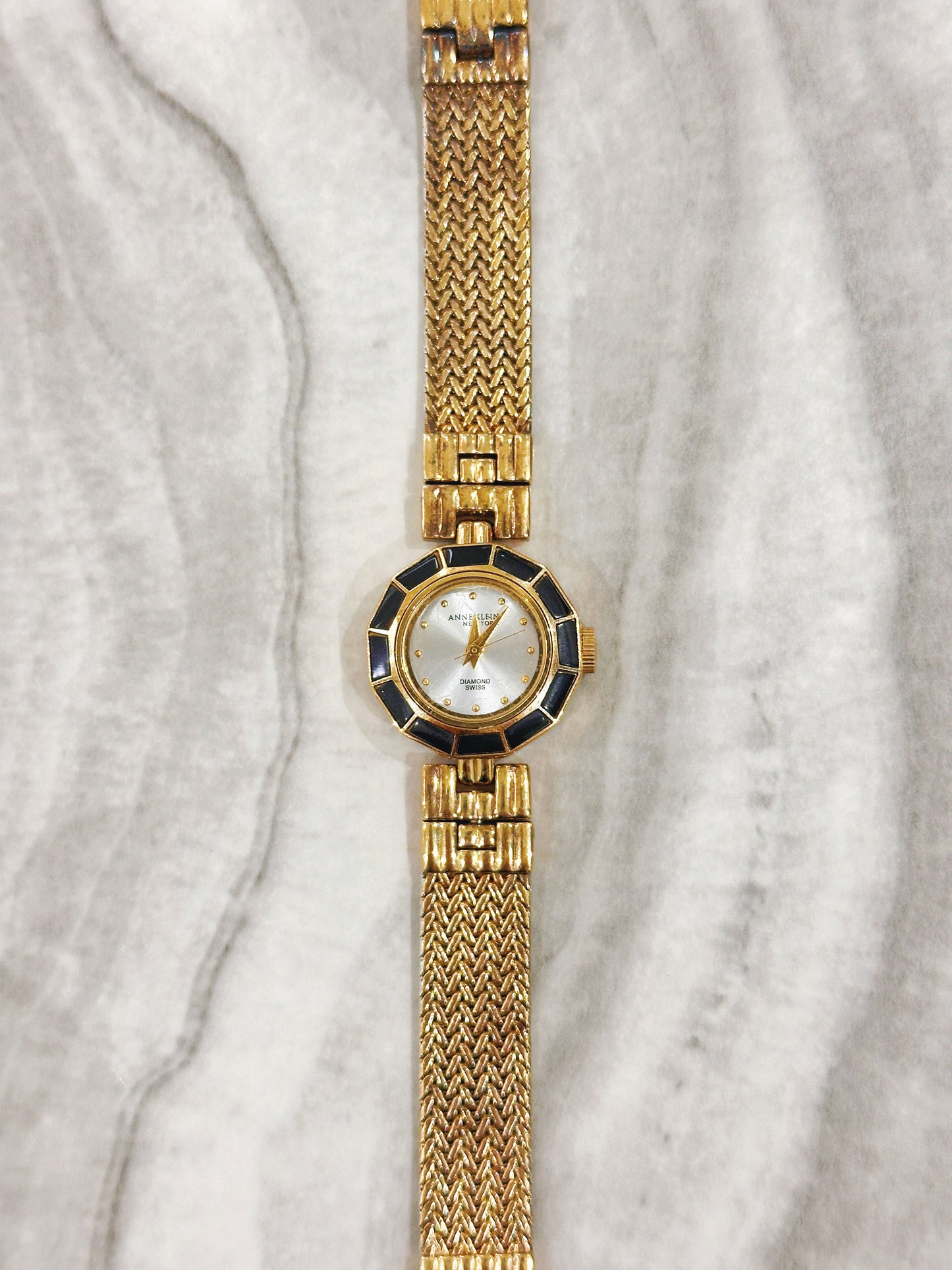 Anne Klein New York Diamond Swiss Quartz Watch – Mother of Pearl Dial with Black & Gold Bezel (WR 30M)