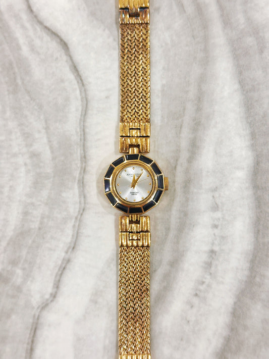 Anne Klein New York Diamond Swiss Quartz Watch – Mother of Pearl Dial with Black & Gold Bezel (WR 30M)