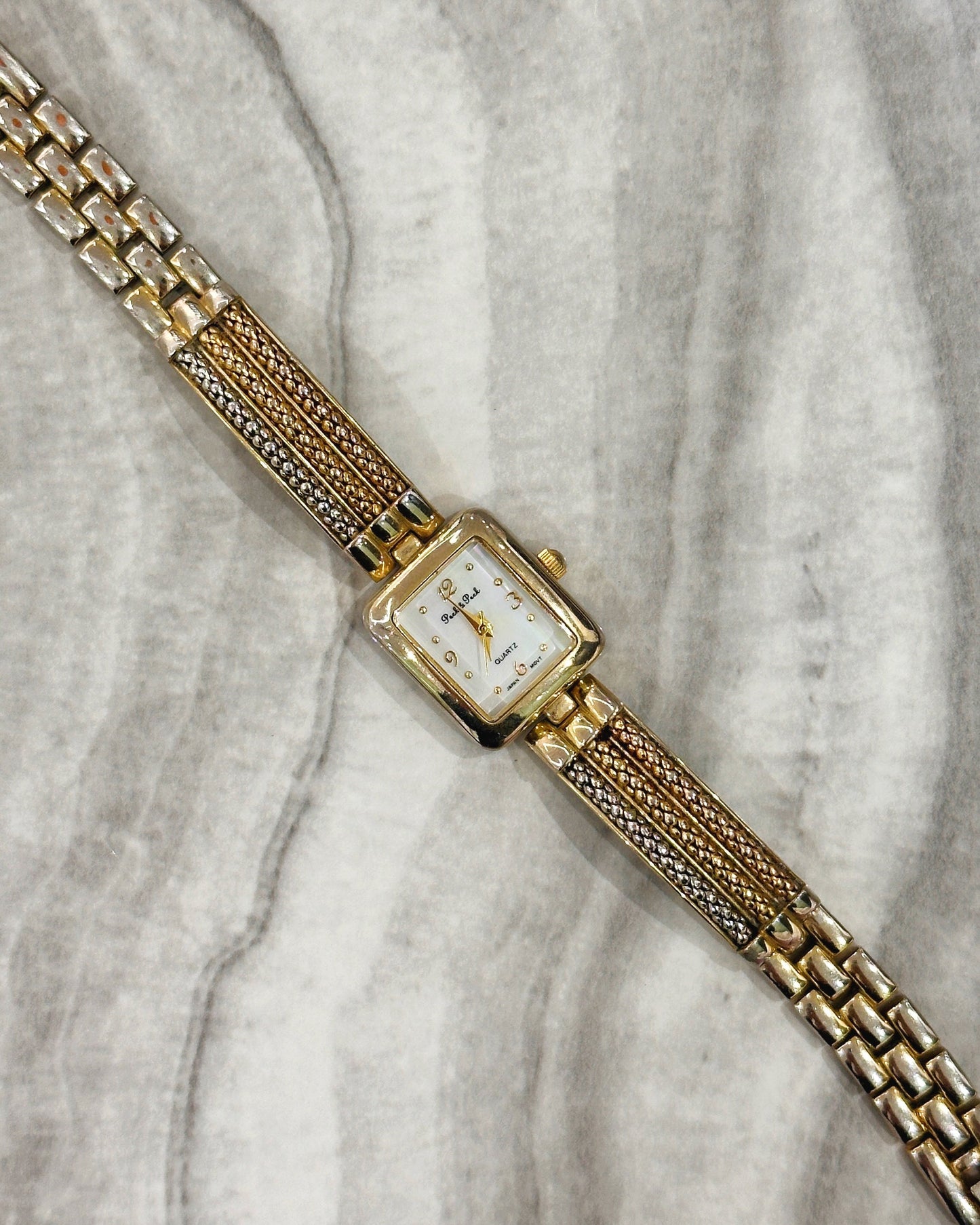 Peck & Peck Quartz Watch – Square Gold-Tone Case with Two-Tone Bracelet (Japan Movt, WR 30M)