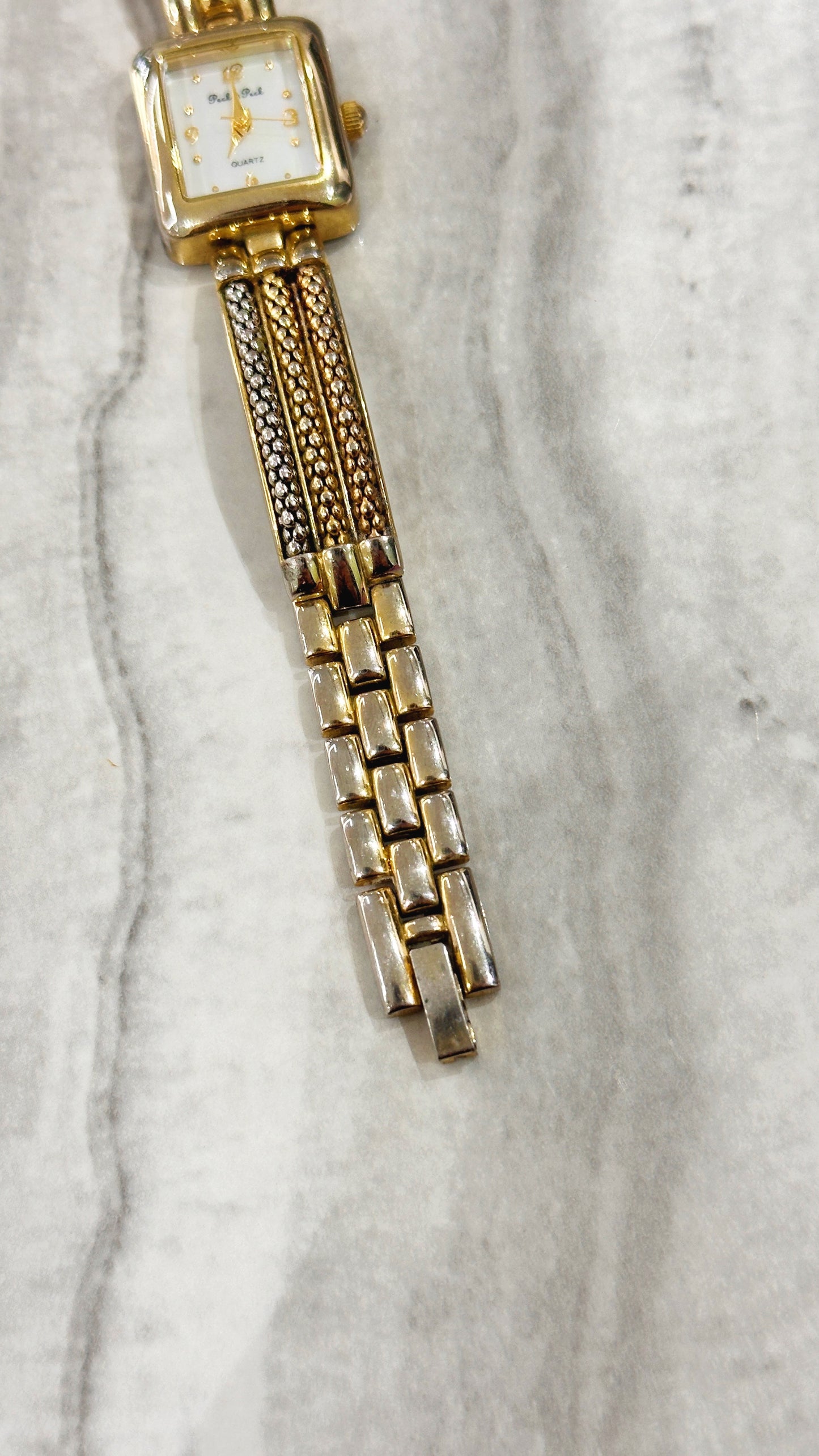 Peck & Peck Quartz Watch – Square Gold-Tone Case with Two-Tone Bracelet (Japan Movt, WR 30M)