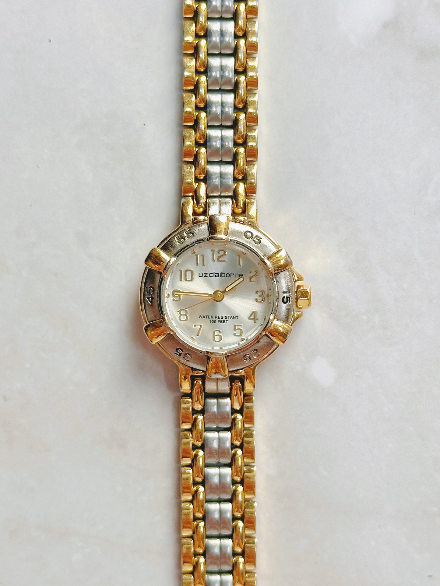 Liz Claiborne Quartz Watch – Two-Tone Bezel with Silver Dial (Water Resistant 100 Feet)