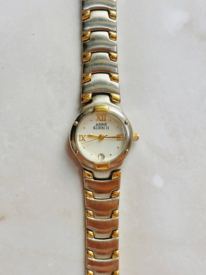 Anne Klein II Quartz Watch – Two-Tone Case with Roman Numeral Dial & Date (WR 30M)