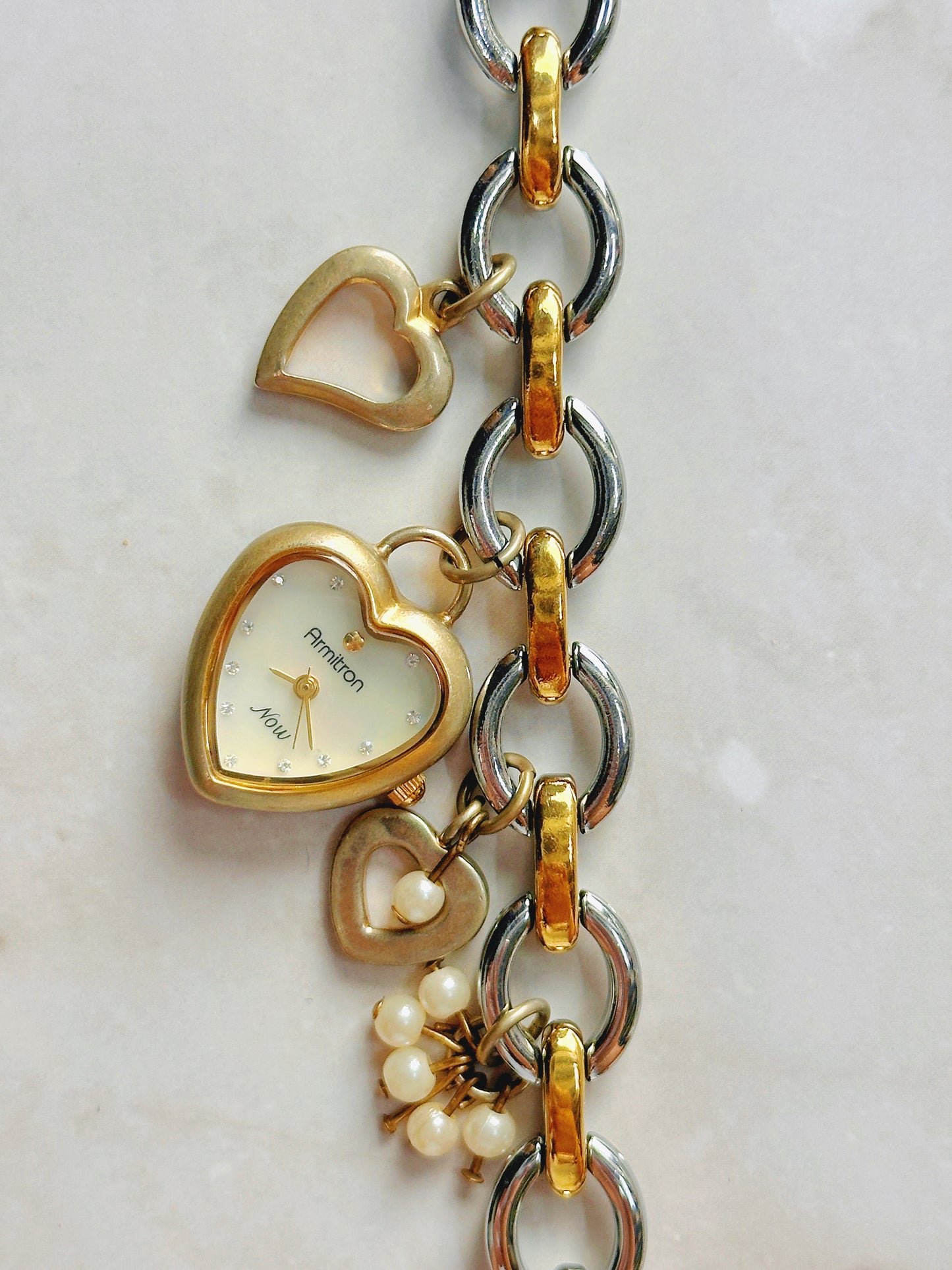 Armitron Now Heart Charm Quartz Watch – Two-Tone Bracelet with Pearl Accents (WR 30M)