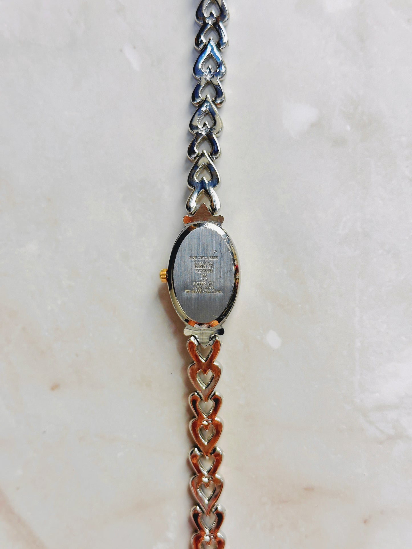 Quartz Oval Watch – Black Dial with Two-Tone Heart Link Bracelet (WR 30M)