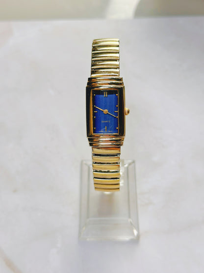 Quartz Dress Watch – Blue Dial with Gold-Tone Rectangular Case & Expansion Bracelet (WR 30M)