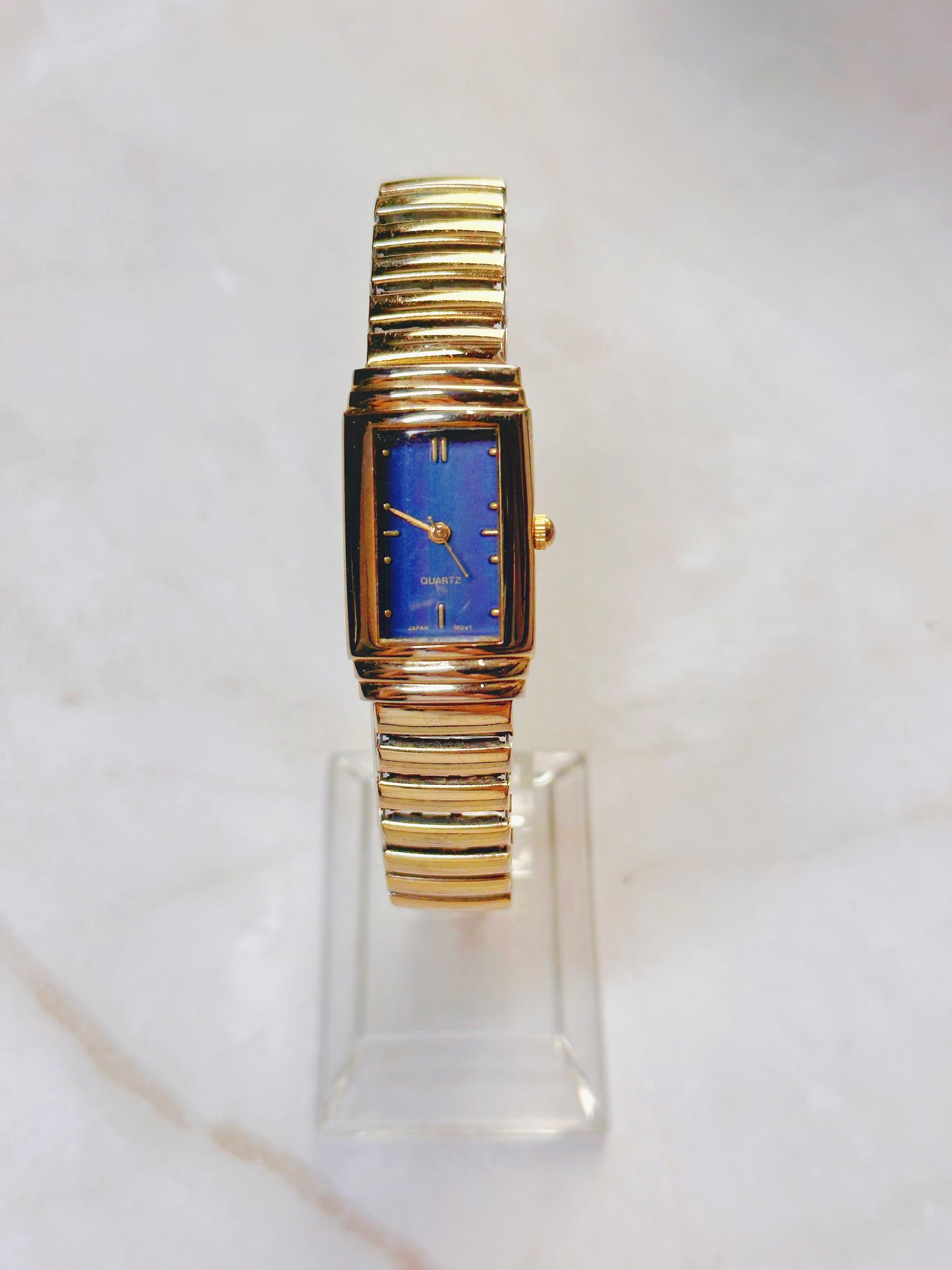Quartz Dress Watch – Blue Dial with Gold-Tone Rectangular Case & Expansion Bracelet (WR 30M)