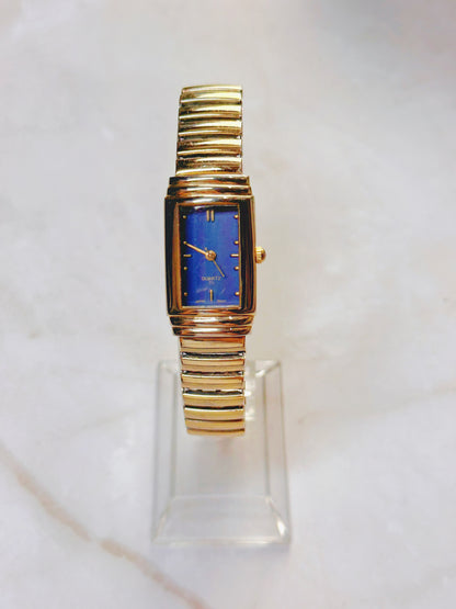 Quartz Dress Watch – Blue Dial with Gold-Tone Rectangular Case & Expansion Bracelet (WR 30M)