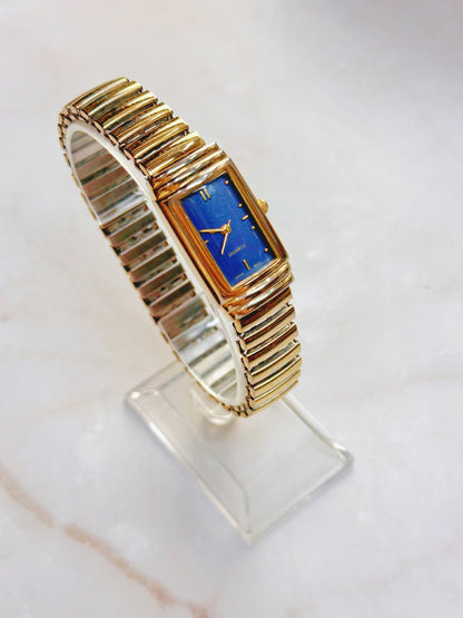 Quartz Dress Watch – Blue Dial with Gold-Tone Rectangular Case & Expansion Bracelet (WR 30M)