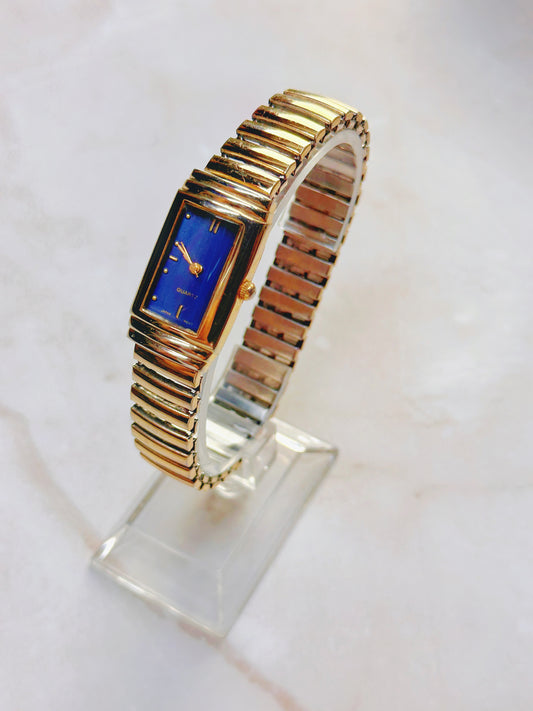 Quartz Dress Watch – Blue Dial with Gold-Tone Rectangular Case & Expansion Bracelet (WR 30M)