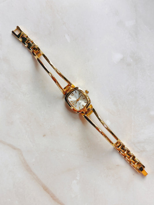 Quartz Dress Watch – Silver Sunburst Dial with Gold-Tone Open Bangle Bracelet (WR 30M)