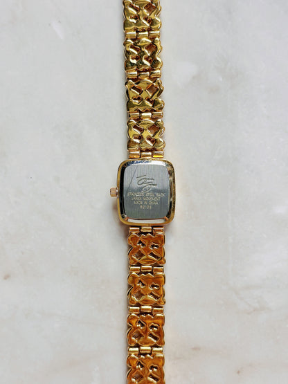 Suzanne Somers Quartz Watch – Gold Dial with Pink Crystal Bezel & Multicolor Gem Bracelet (WR 30M)